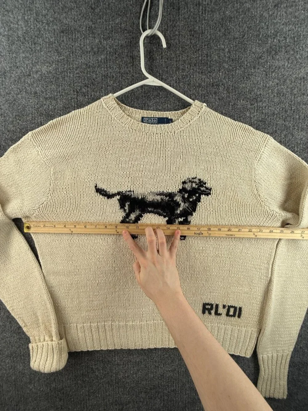 VTG Polo Ralph Lauren Hand Knit Dog RL01 2001 Linen Blend Graphic Large Ivory